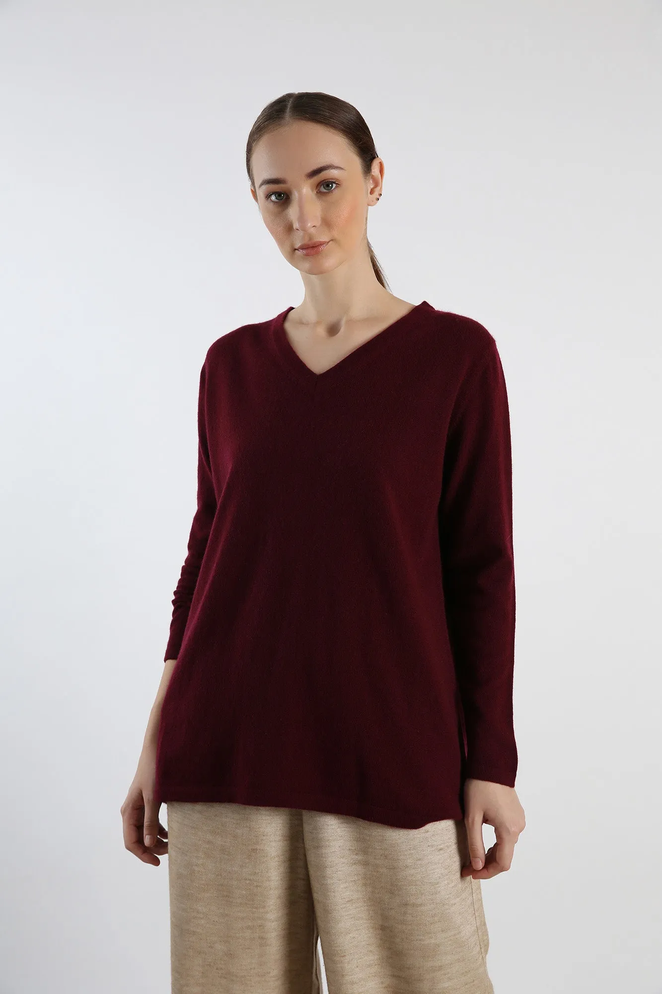 V-Neck Pure Cashmere Sweater - Maroon