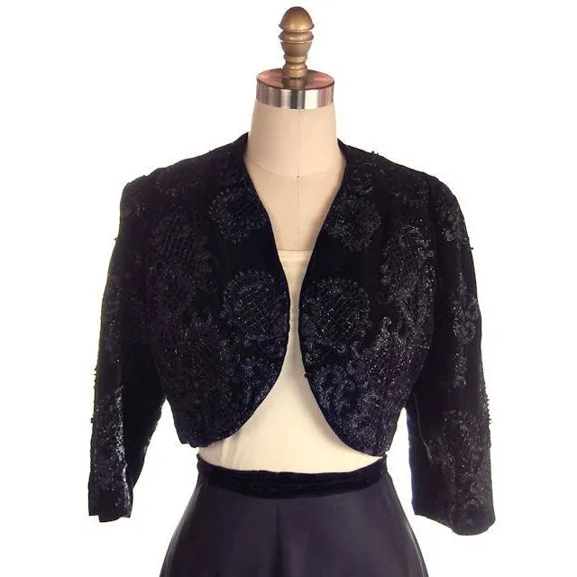 Vintage Bolero Black Velvet Heavily Beaded Soutache  1950S 38"B Provenance