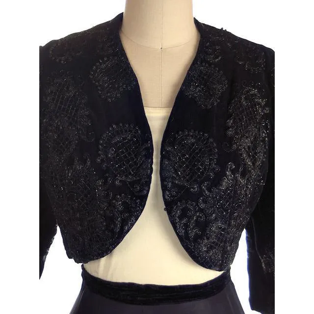 Vintage Bolero Black Velvet Heavily Beaded Soutache  1950S 38"B Provenance