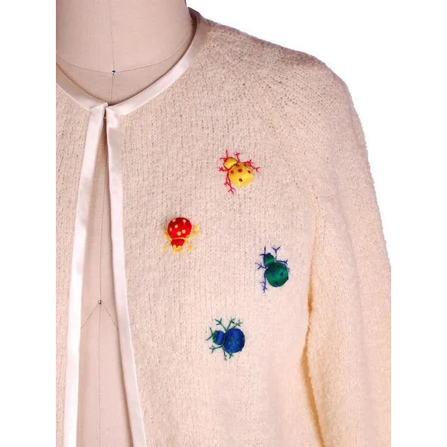 Vintage Cardigan Sweater w/ Cute Embroidered Lady Bugs all Over Size M 1960s