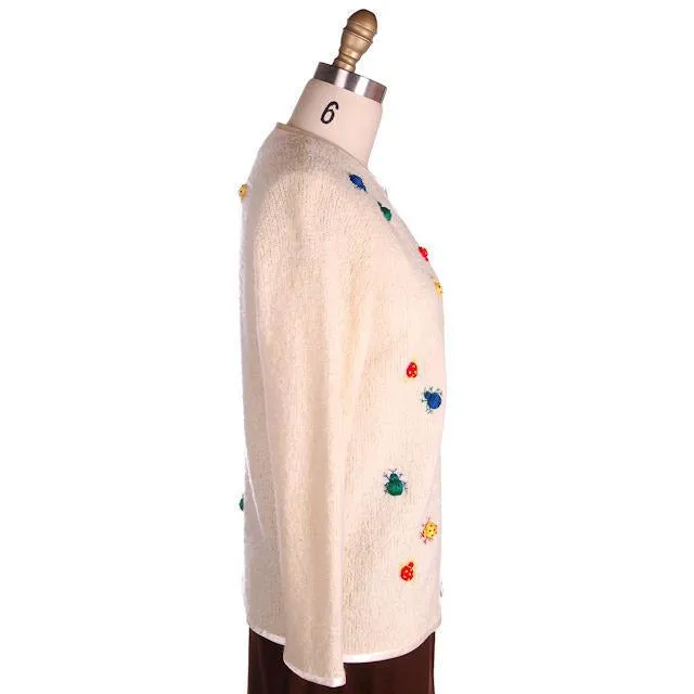 Vintage Cardigan Sweater w/ Cute Embroidered Lady Bugs all Over Size M 1960s