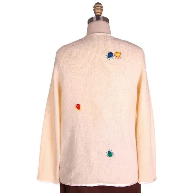 Vintage Cardigan Sweater w/ Cute Embroidered Lady Bugs all Over Size M 1960s