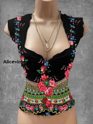 Vintage Mexican Floral Art Print V-Neck Casual Top