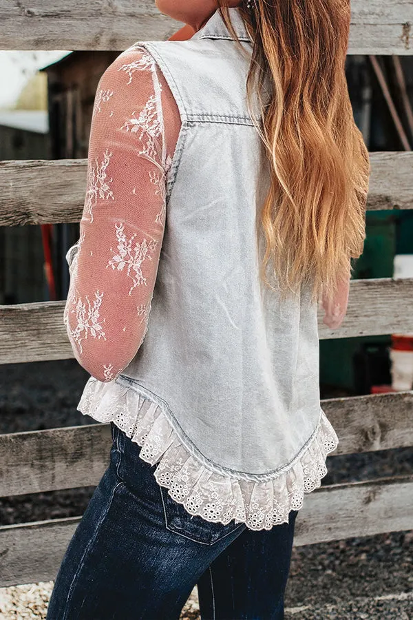 Vintage Washed Lace Trim Denim Vest