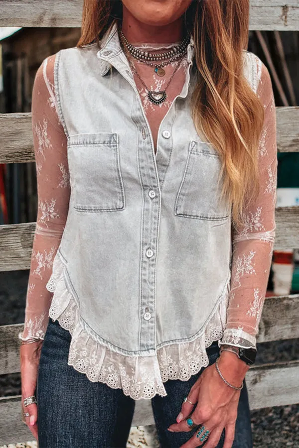 Vintage Washed Lace Trim Denim Vest