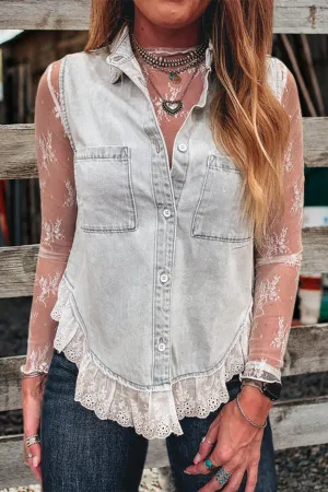 Vintage Washed Lace Trim Denim Vest