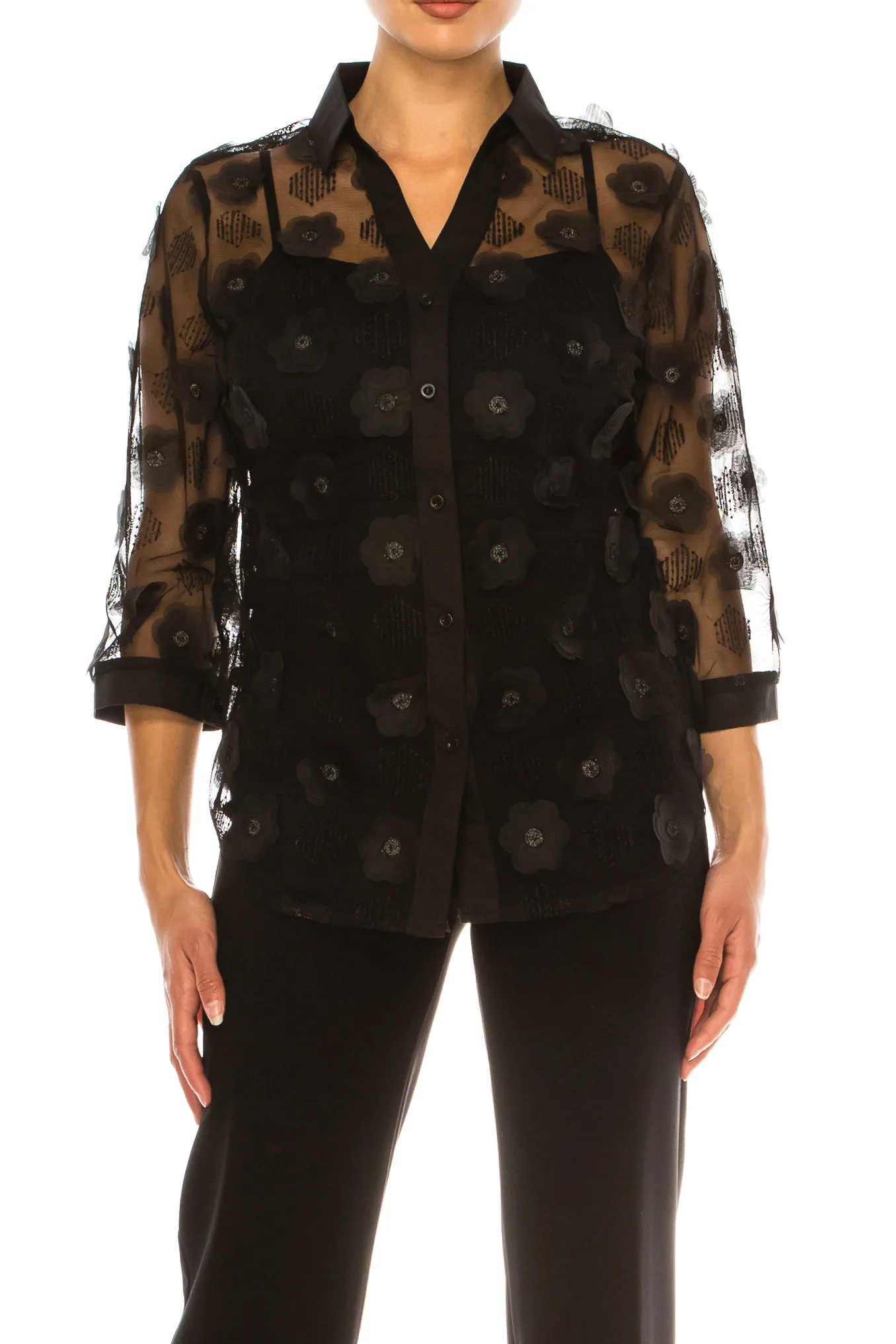Vivid Floral Applique Sheer Button Down Shirt
