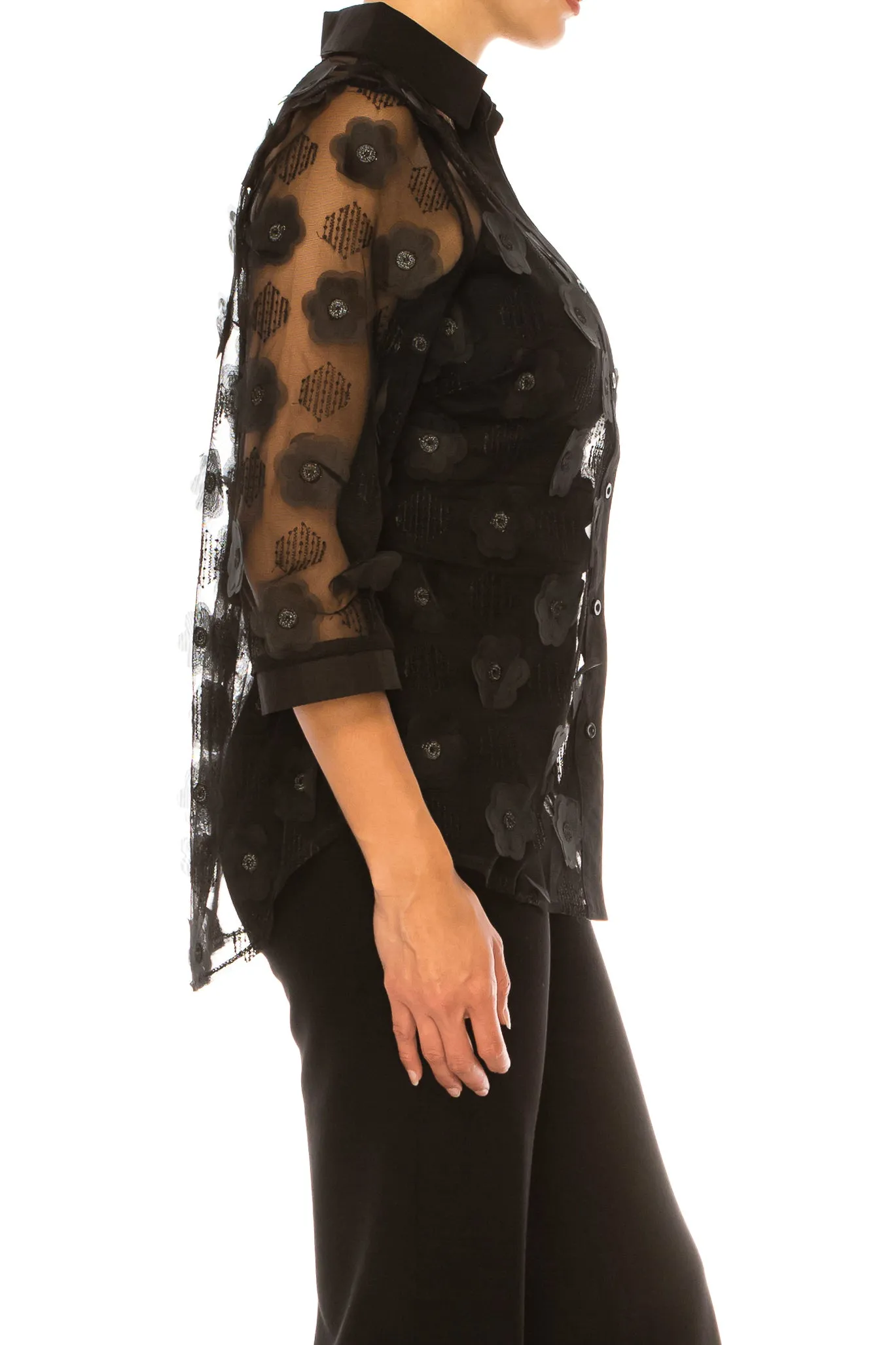Vivid Floral Applique Sheer Button Down Shirt