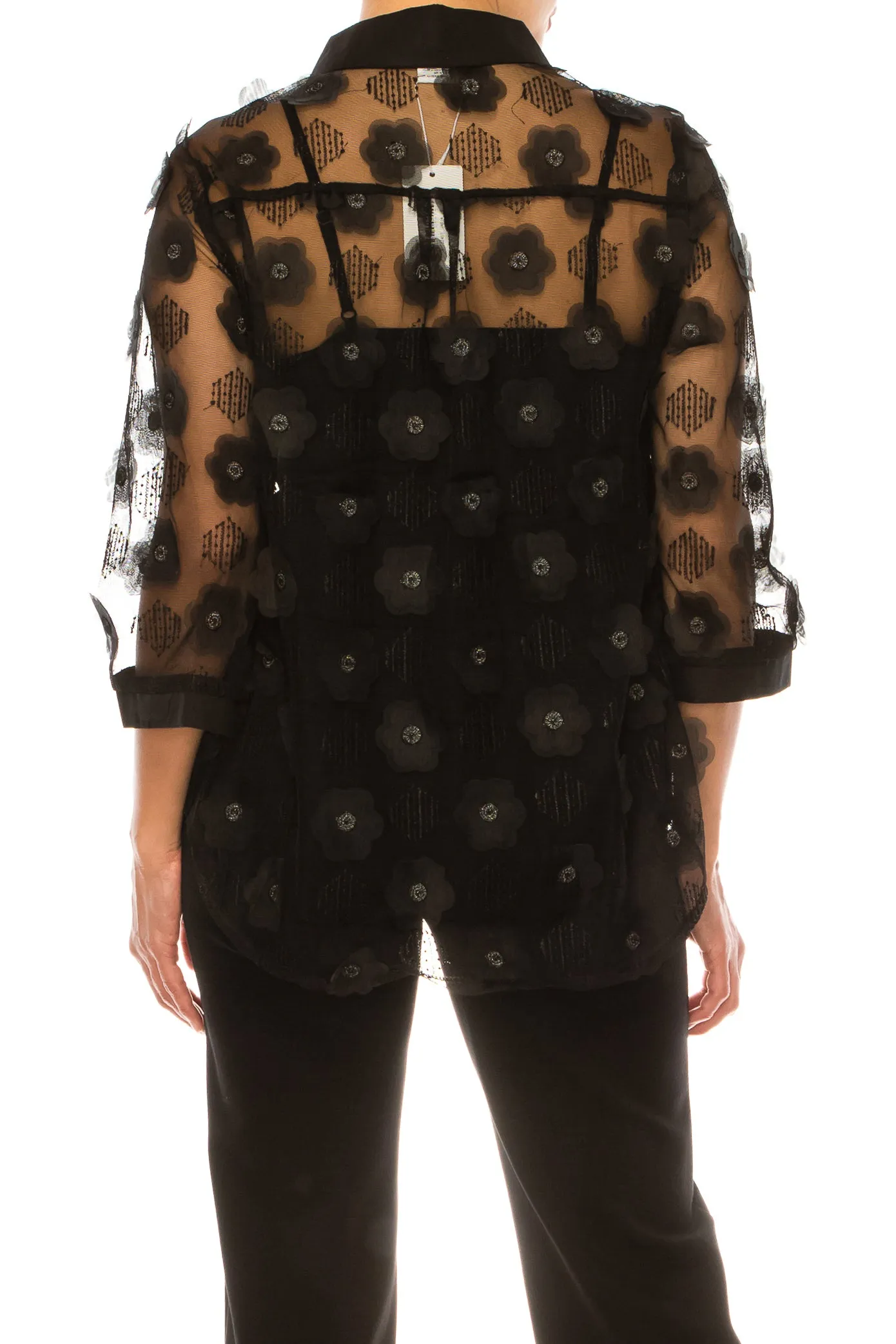 Vivid Floral Applique Sheer Button Down Shirt