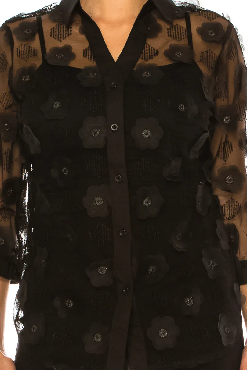Vivid Floral Applique Sheer Button Down Shirt