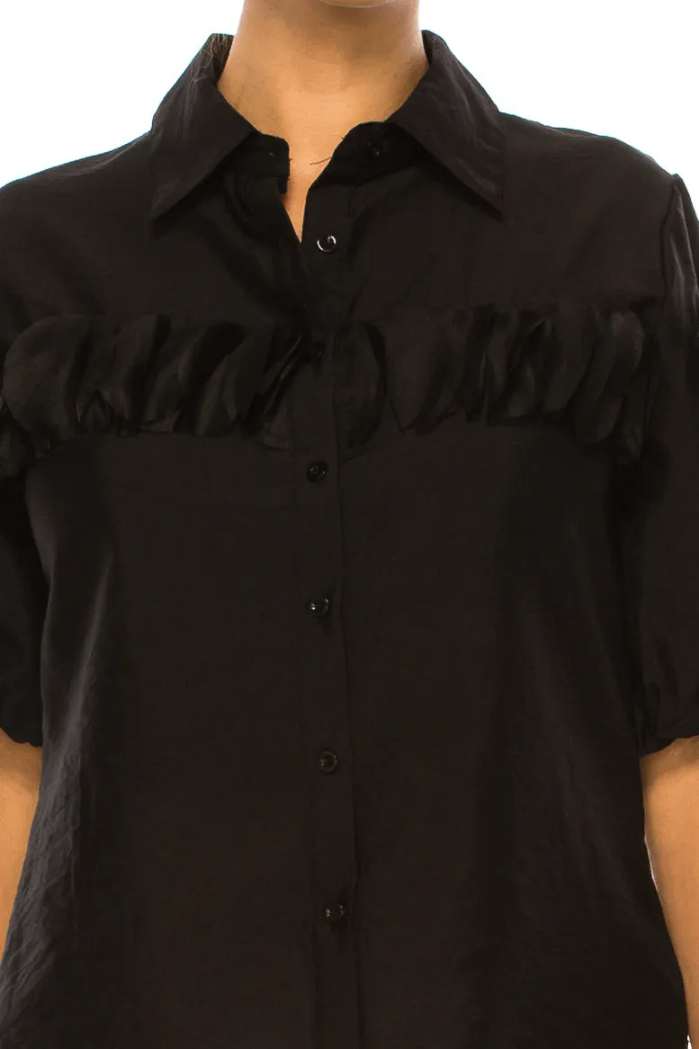 Vivid Petal Applique Puff Sleeve Button Down Top