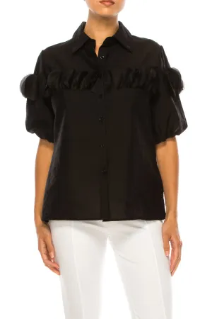 Vivid Petal Applique Puff Sleeve Button Down Top