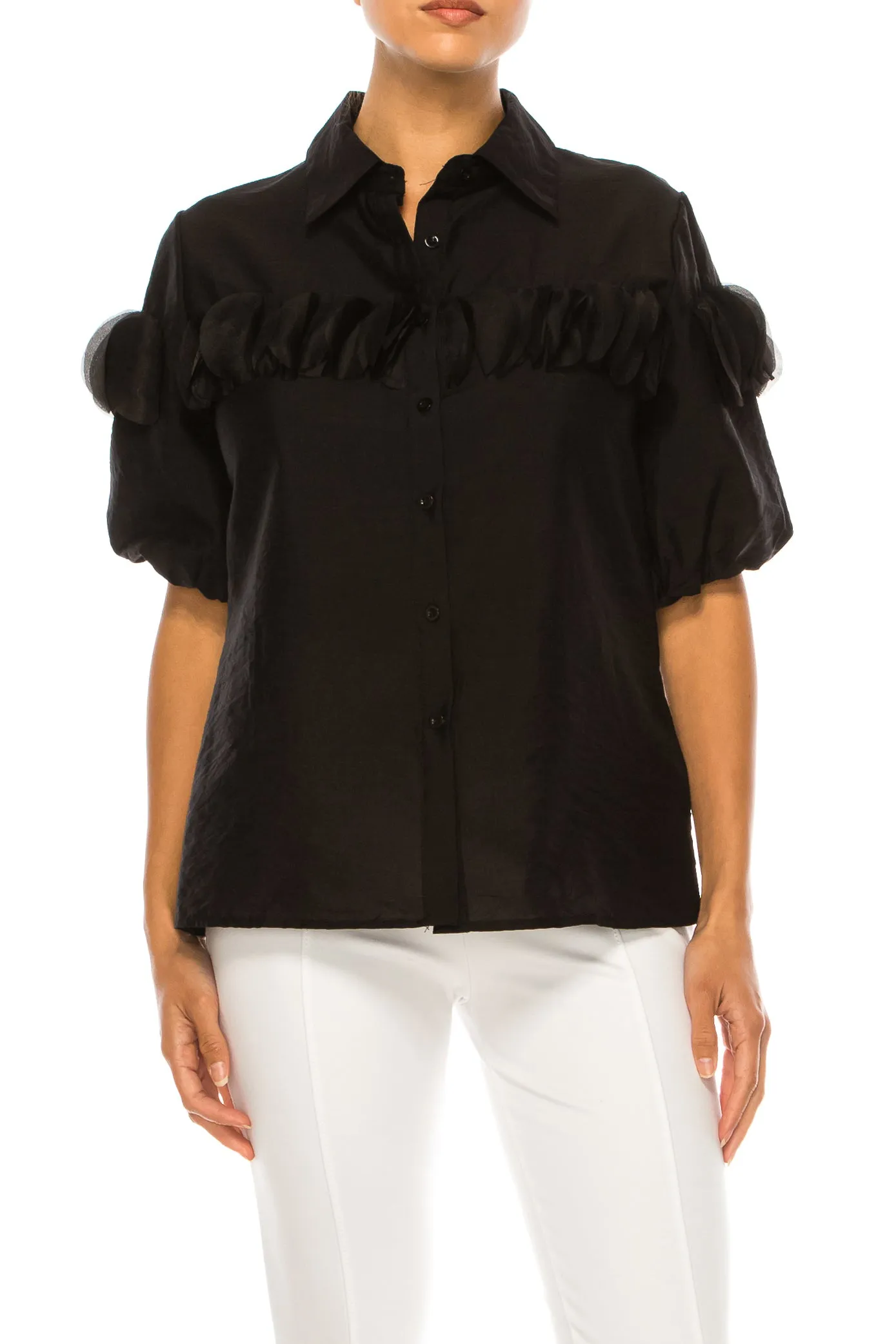 Vivid Petal Applique Puff Sleeve Button Down Top