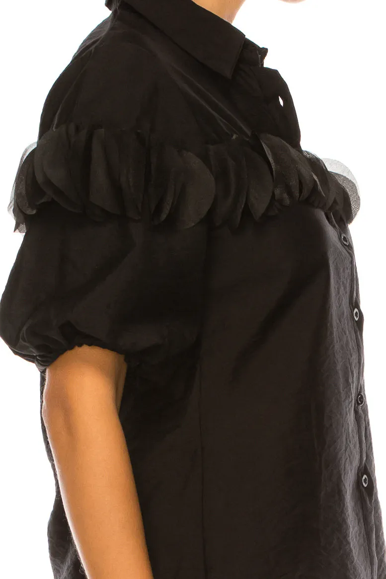 Vivid Petal Applique Puff Sleeve Button Down Top