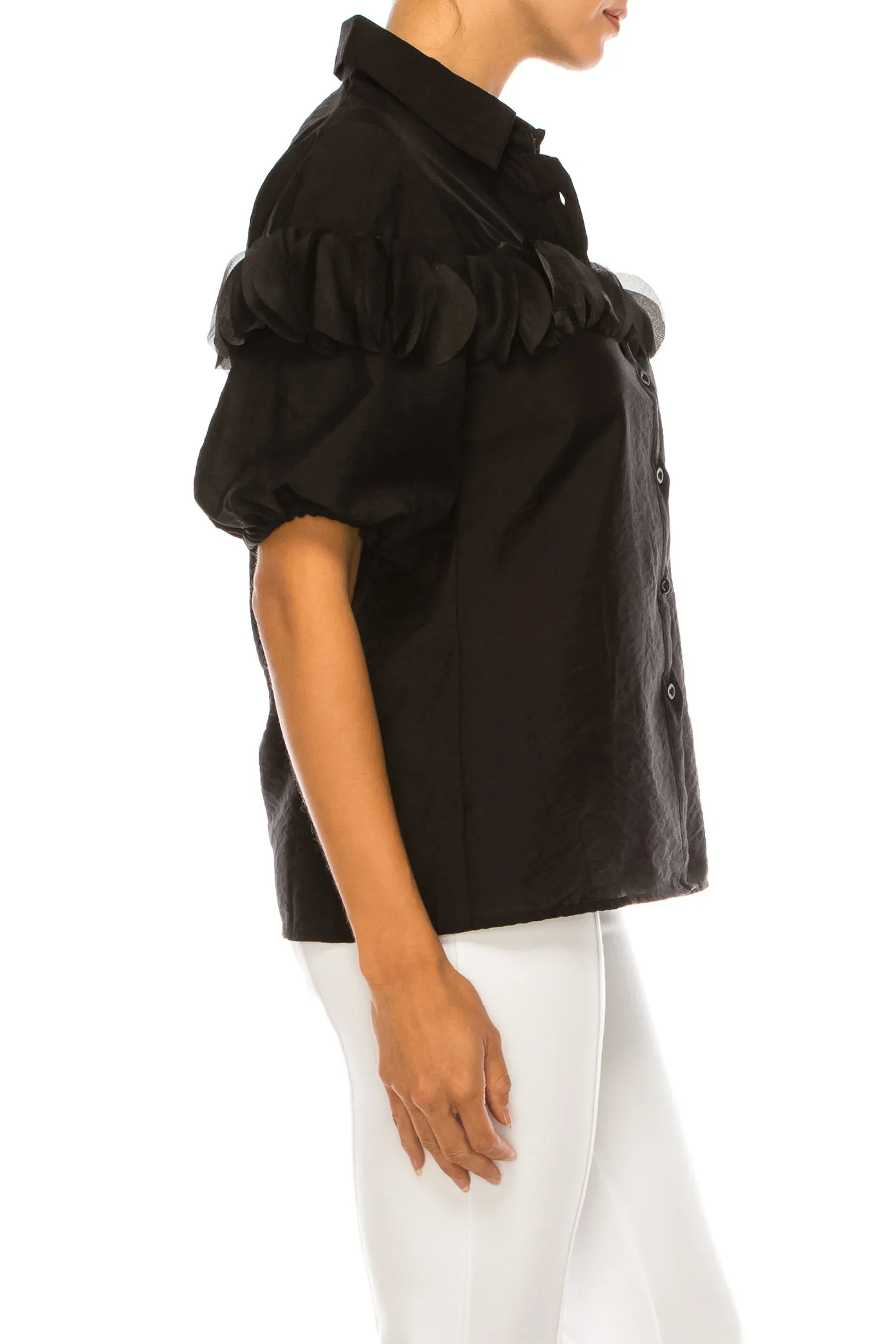 Vivid Petal Applique Puff Sleeve Button Down Top