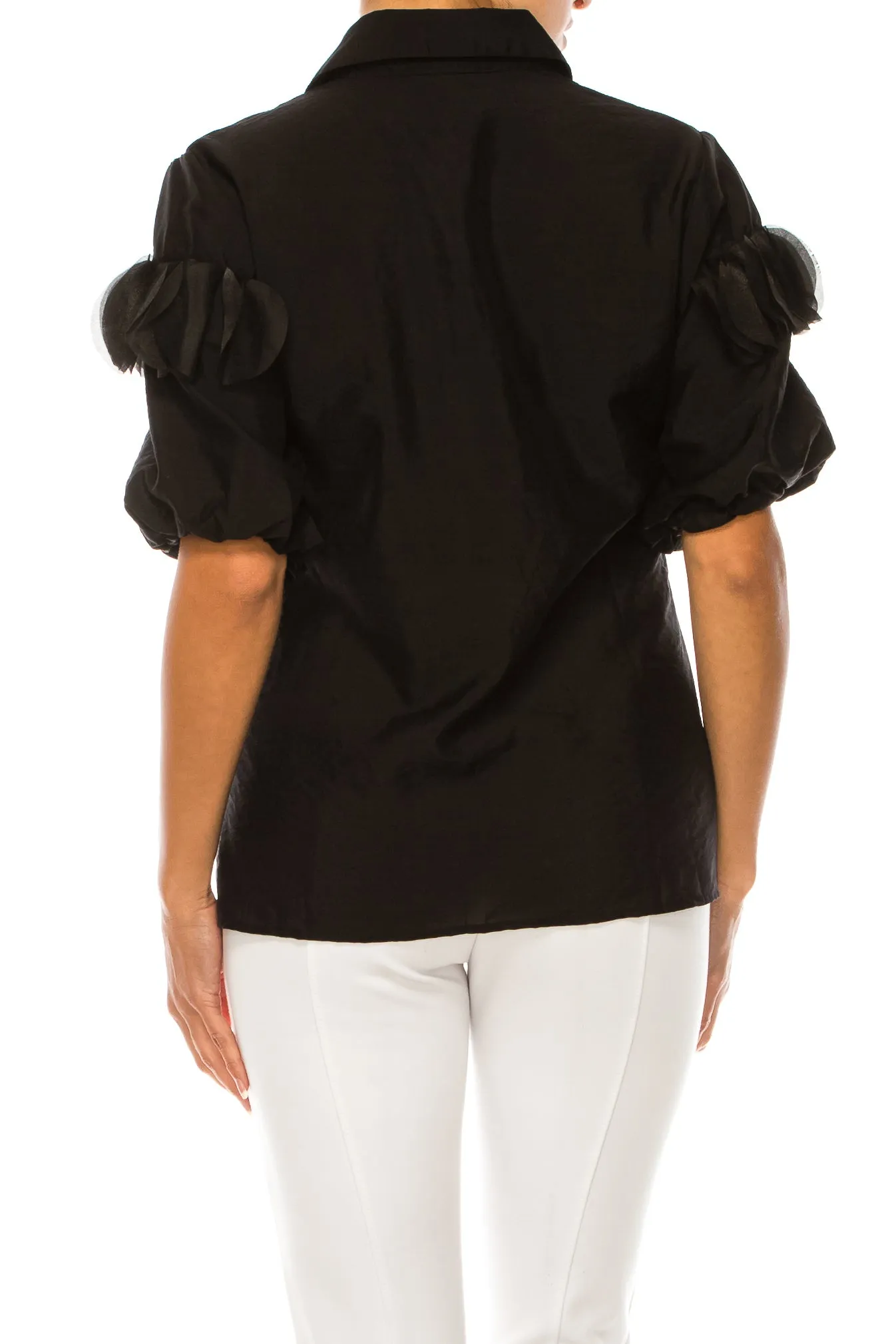 Vivid Petal Applique Puff Sleeve Button Down Top