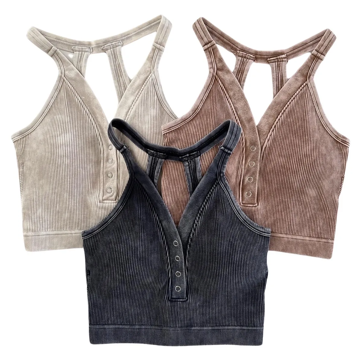 Washed Ribbed Henley Button Cropped Tank Top