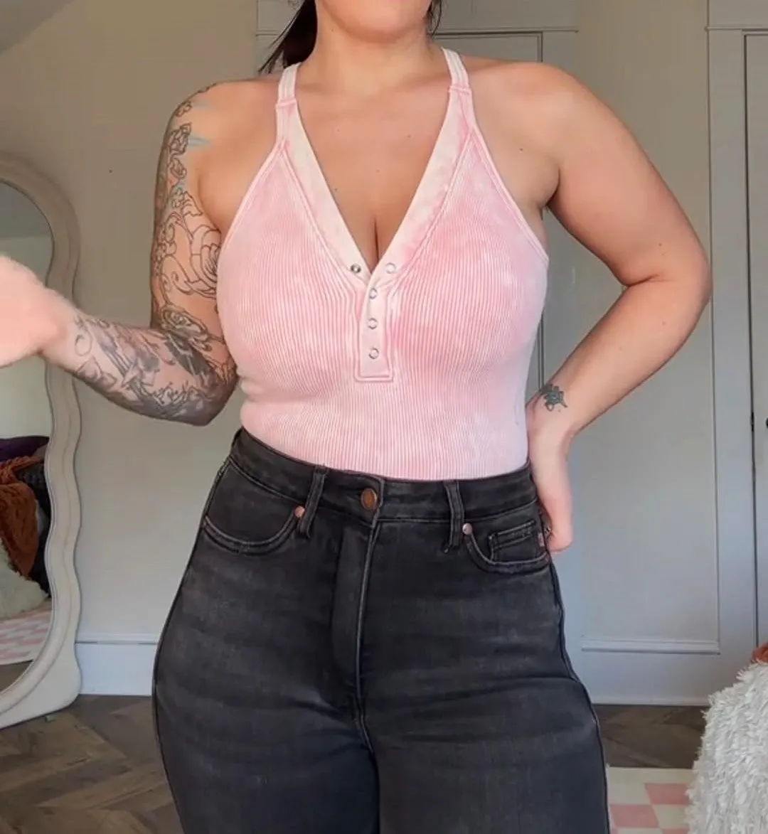 Washed Ribbed Henley Button Cropped Tank Top