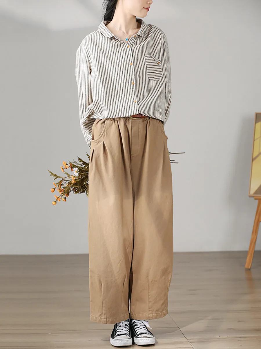Women Autumn Vintage Stripe Cotton Turn-down Collar Shirt