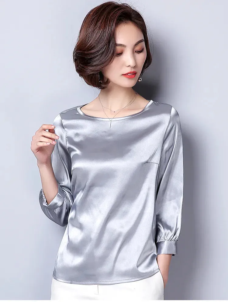 Women Blouses Casual OL Silk Blouse Autumn Loose Basic Satin Shirt Work Wear Blusas Feminina Tops Shirts Plus Size XXXL Pink/Red T200321