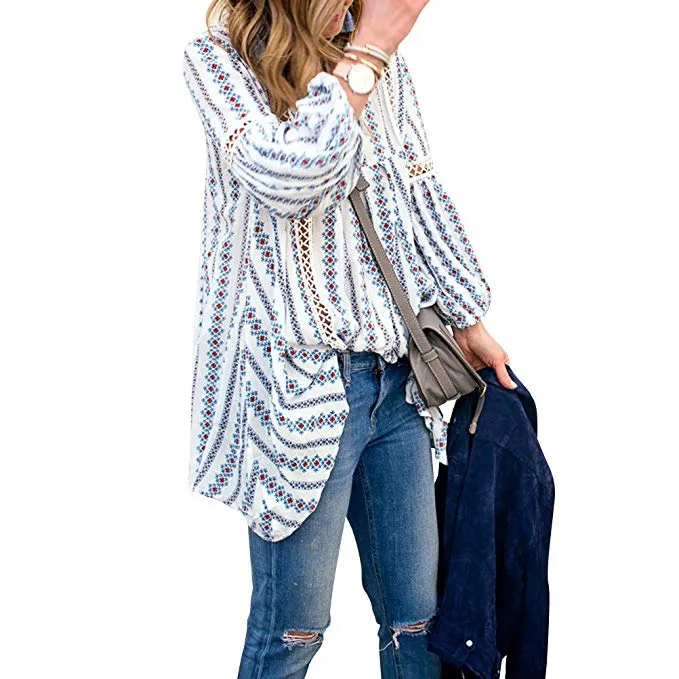 Women Long Sleeve V Neck Hollow Out Floral Print Shirt Tops Long Blouse Tee