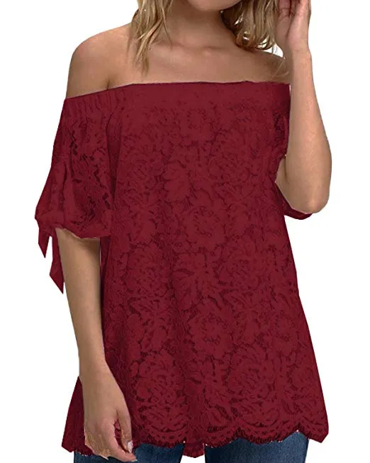 Women Off Shoulder Tops Sexy Lace Crochet Blouse Casual Tie Short Sleeve T-Shirt