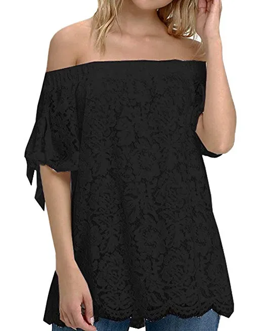 Women Off Shoulder Tops Sexy Lace Crochet Blouse Casual Tie Short Sleeve T-Shirt