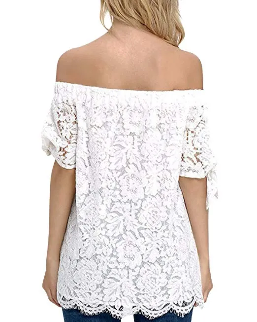 Women Off Shoulder Tops Sexy Lace Crochet Blouse Casual Tie Short Sleeve T-Shirt