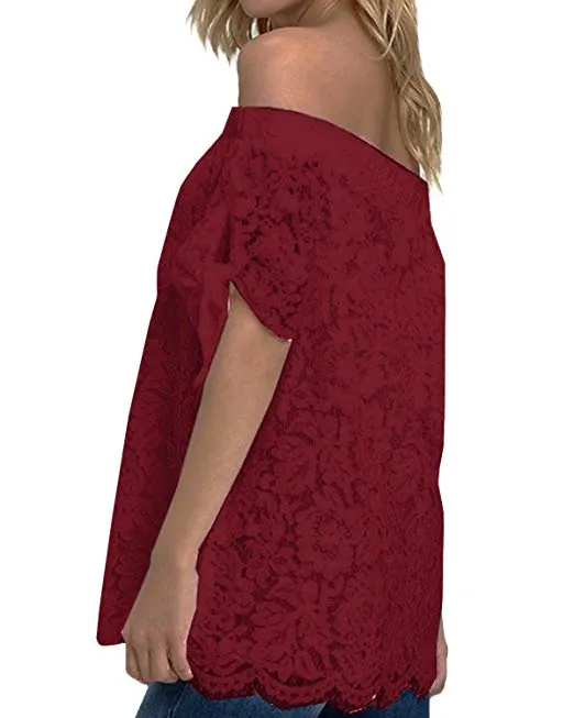 Women Off Shoulder Tops Sexy Lace Crochet Blouse Casual Tie Short Sleeve T-Shirt