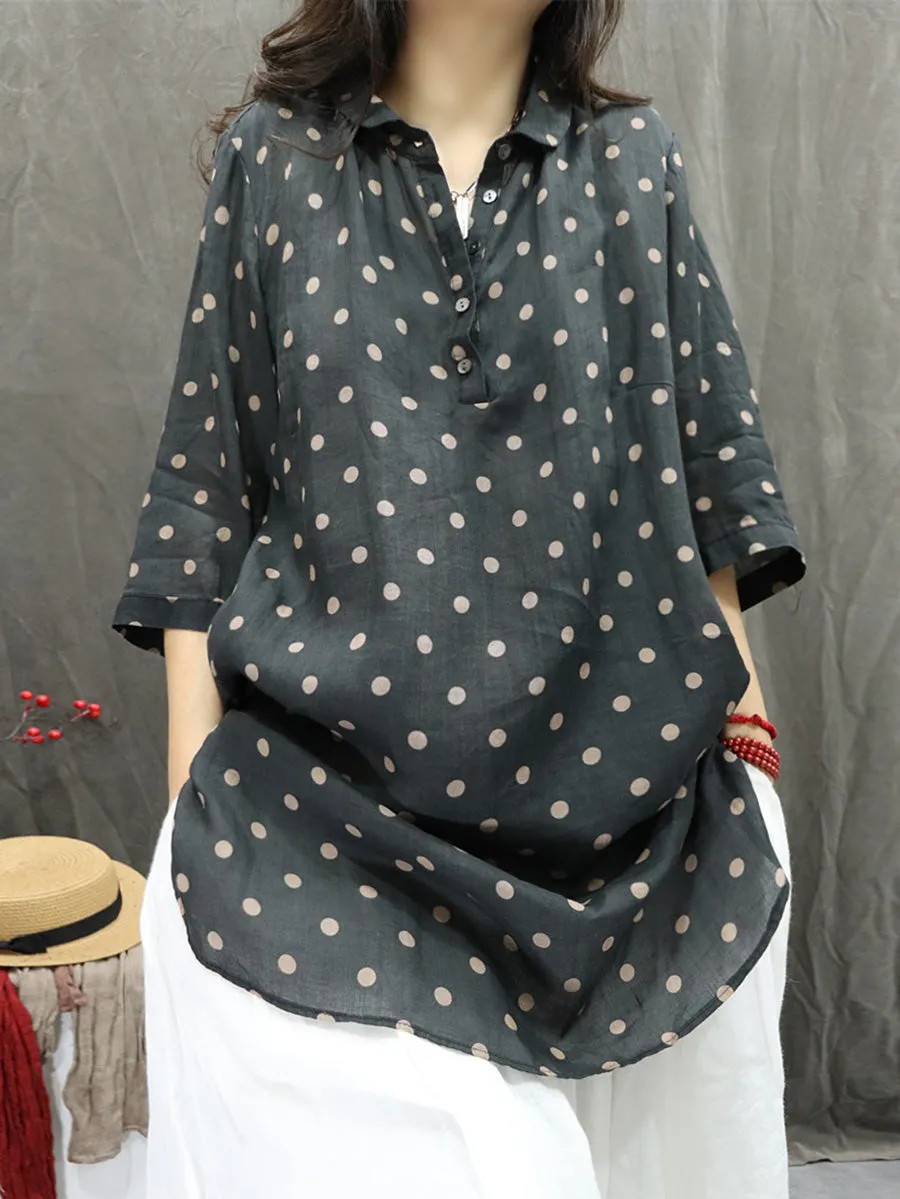 Women Summer Artsy Turn-down Collar Dot 100%Ramie Shirt
