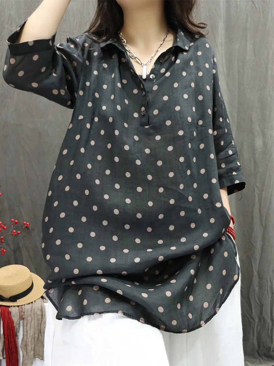 Women Summer Artsy Turn-down Collar Dot 100%Ramie Shirt