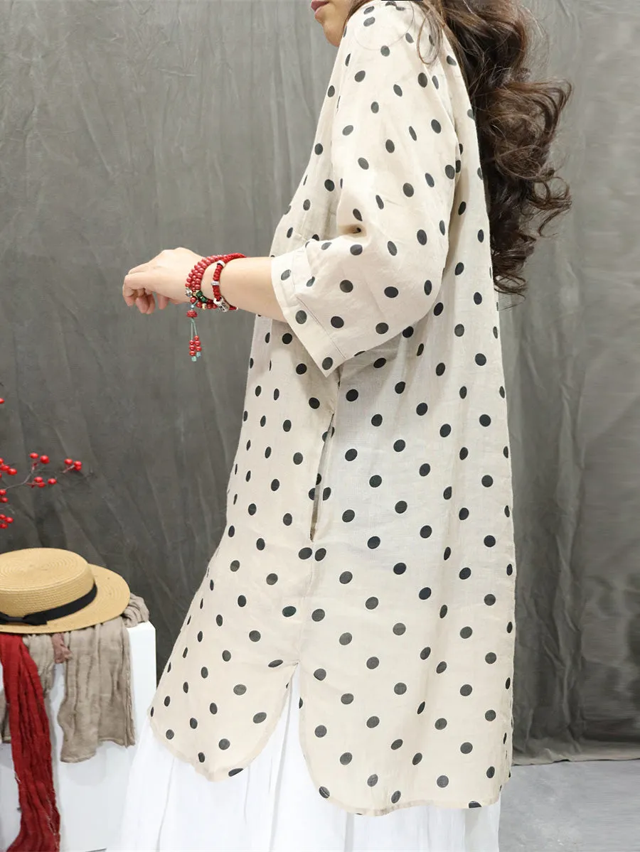 Women Summer Artsy Turn-down Collar Dot 100%Ramie Shirt
