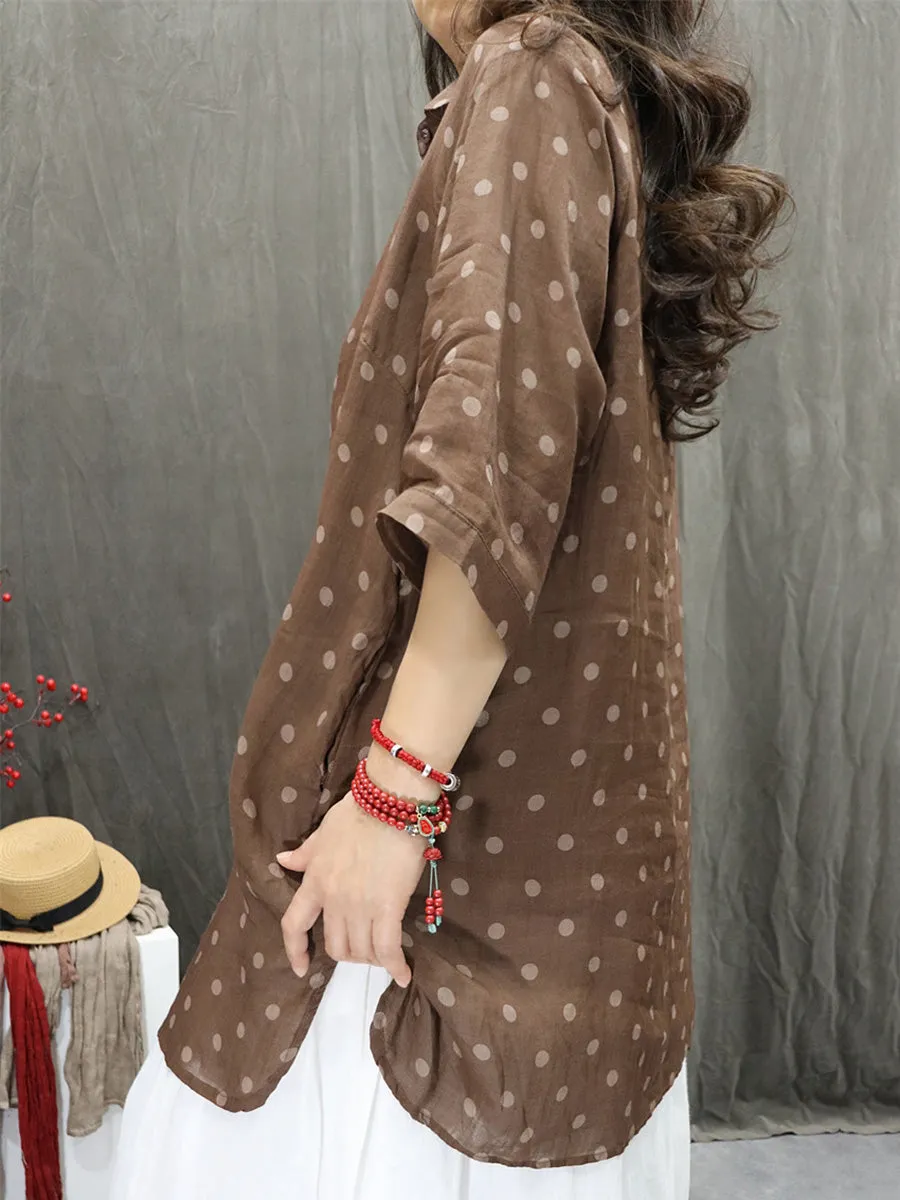 Women Summer Artsy Turn-down Collar Dot 100%Ramie Shirt
