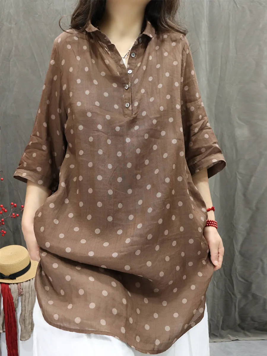 Women Summer Artsy Turn-down Collar Dot 100%Ramie Shirt