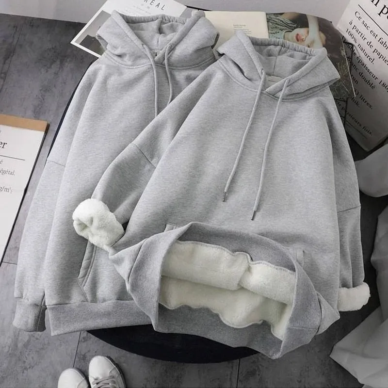 Women Winter Sweatshirts Coat Causal Warm Thick Fleece Pocket Solid Grey Black Female Hooded Coat Outerwear Harajuku BF Oversize