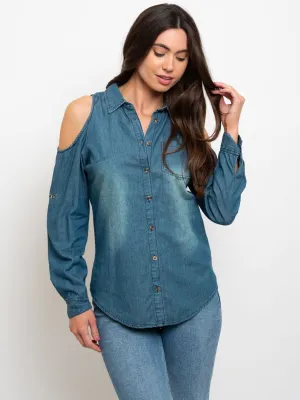 WOMEN'S COLD SHOULDER BUTTON DOWN CHAMBRAY TOP