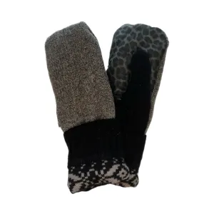 Women's Driving Mittens - Grey Cable Knit with Cheetah Print Micro-Suede Palm - 079 M/L
