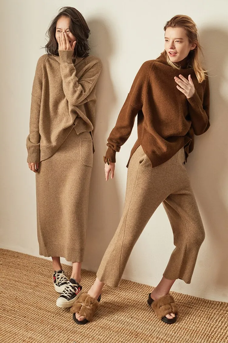 Women's High-Neck Cashmere Sweater Loose Thick Pullover Knit Sweater
