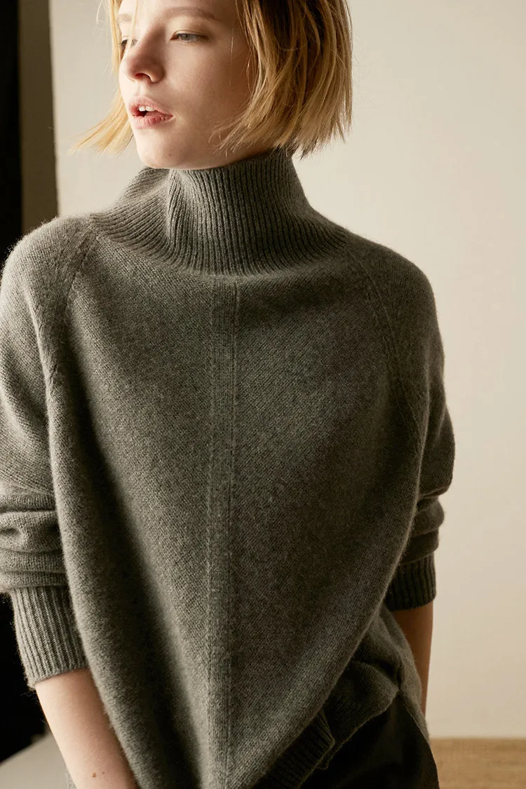 Women's High-Neck Cashmere Sweater Loose Thick Pullover Knit Sweater