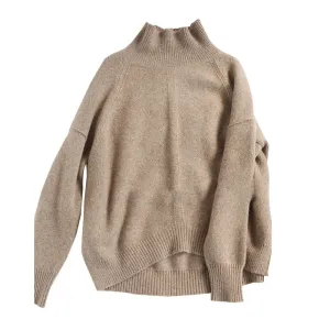 Women's High-Neck Cashmere Sweater Loose Thick Pullover Knit Sweater