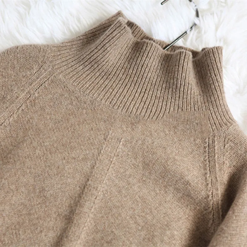 Women's High-Neck Cashmere Sweater Loose Thick Pullover Knit Sweater