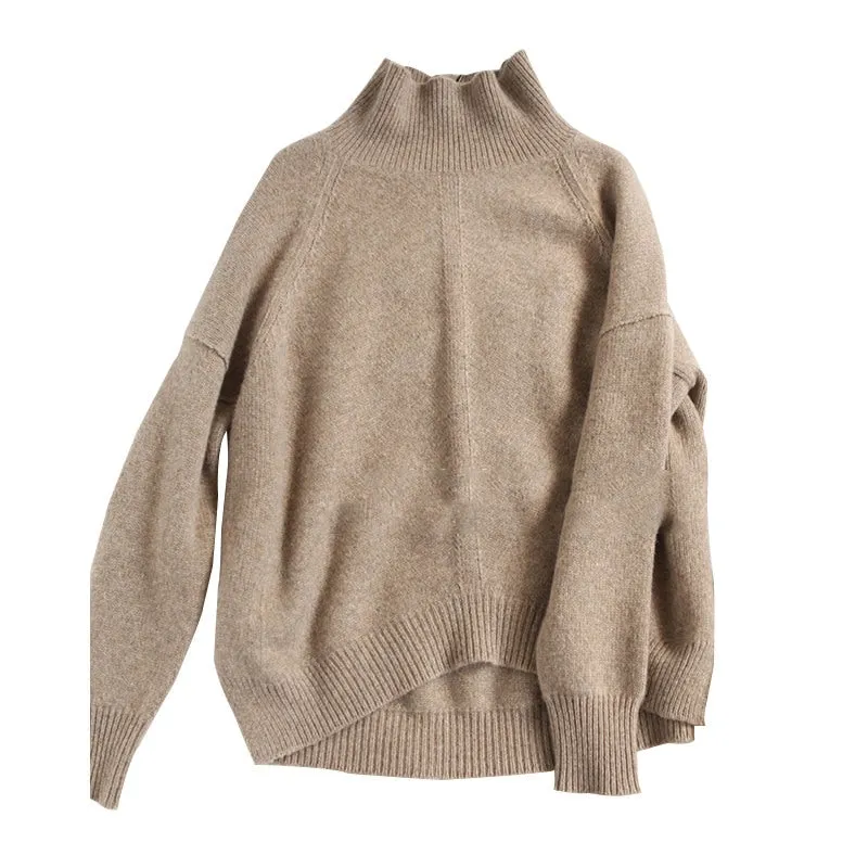 Women's High-Neck Cashmere Sweater Loose Thick Pullover Knit Sweater