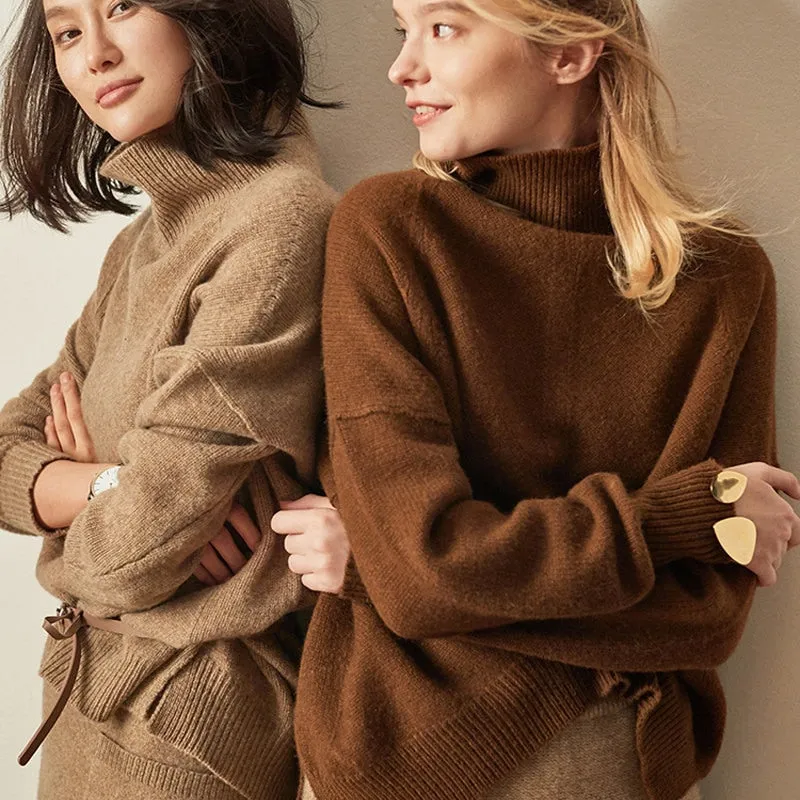 Women's High-Neck Cashmere Sweater Loose Thick Pullover Knit Sweater
