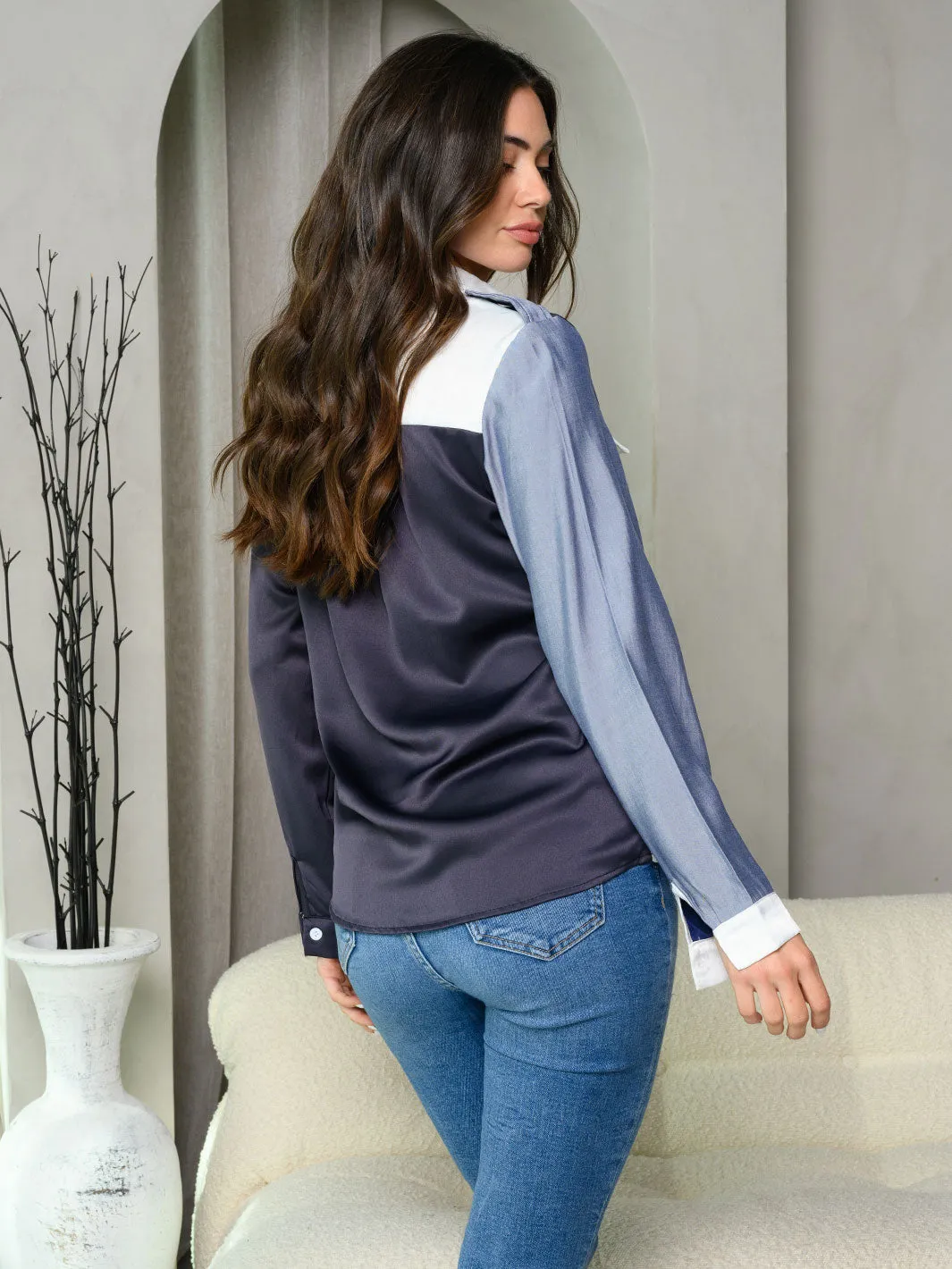 WOMEN'S LONG SLEEVE BUTTON UP FRONT POCKETS COLORBLOCK TOP