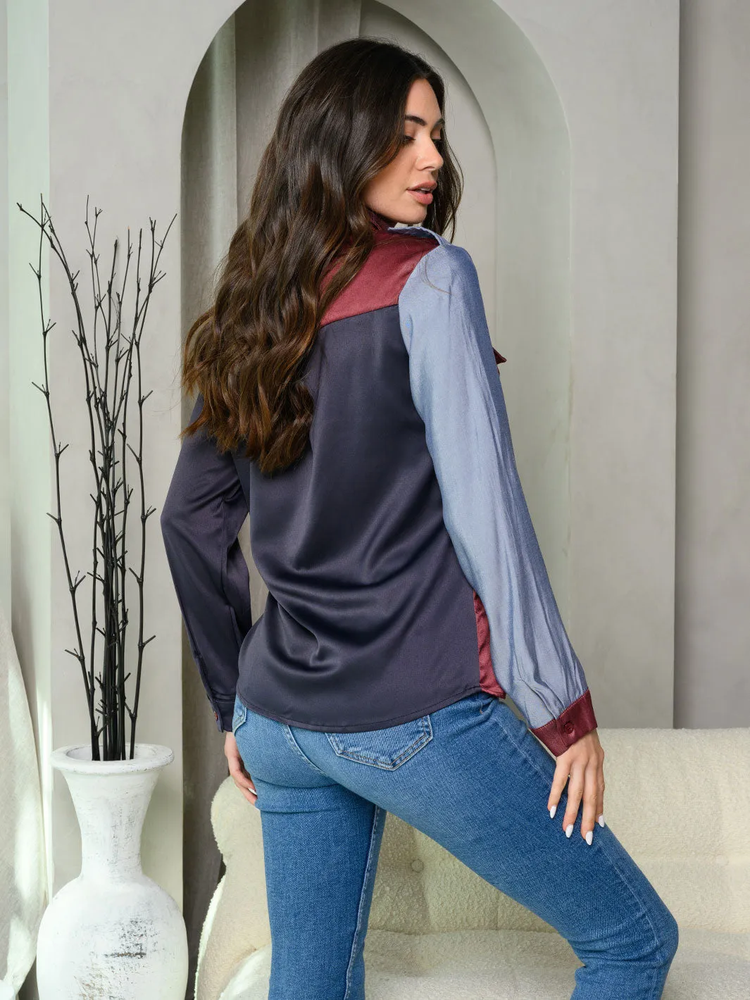 WOMEN'S LONG SLEEVE BUTTON UP FRONT POCKETS COLORBLOCK TOP