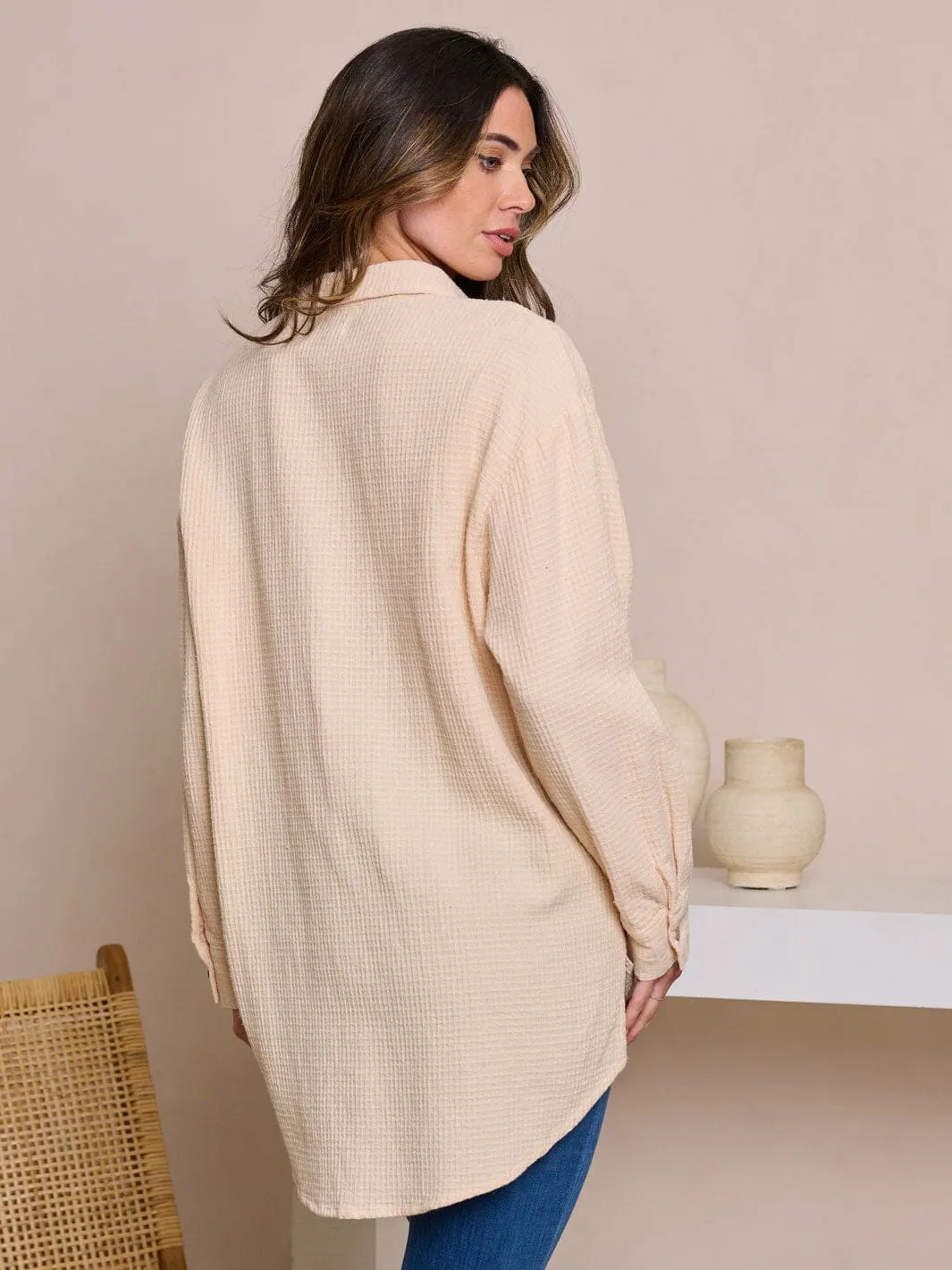 WOMEN'S LONG SLEEVE BUTTON UP WAFFLE BLOUSE TOP