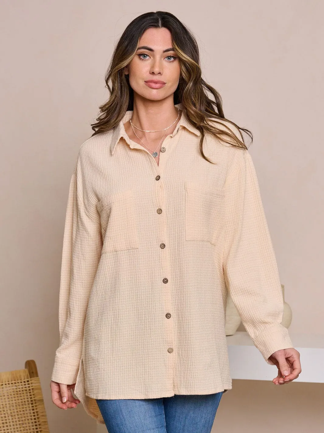 WOMEN'S LONG SLEEVE BUTTON UP WAFFLE BLOUSE TOP