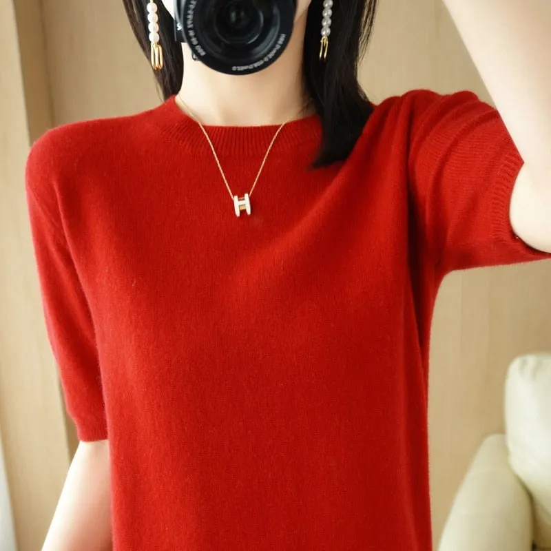 Women's O-Neck Cashmere Sweater Short-Sleeved Chic Sweater