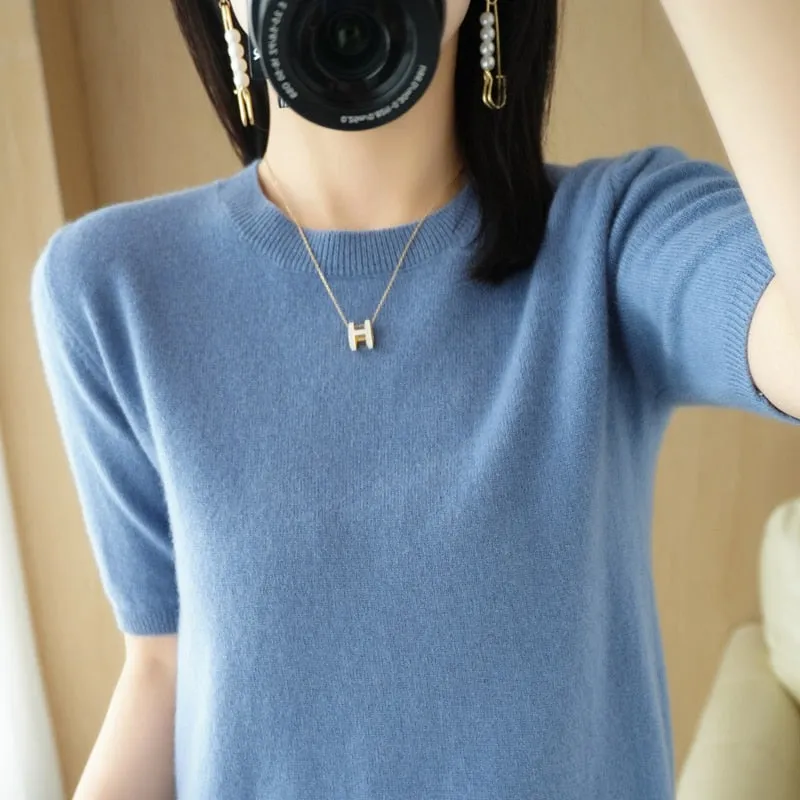 Women's O-Neck Cashmere Sweater Short-Sleeved Chic Sweater