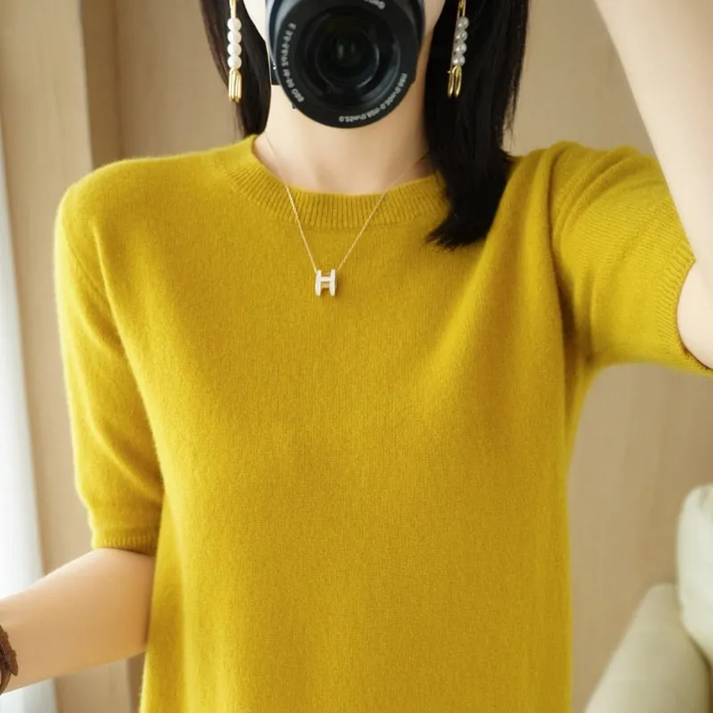 Women's O-Neck Cashmere Sweater Short-Sleeved Chic Sweater